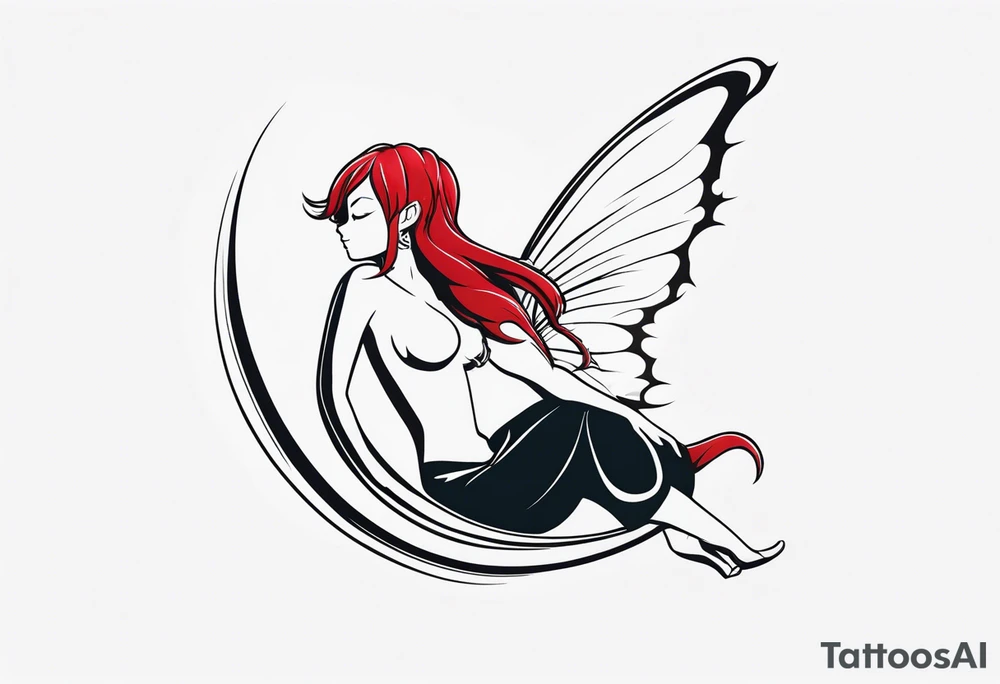A fairy with a tail inspired by the logo of the show called Fairy Tail in a fetal position leaning in tattoo idea