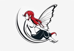 A fairy with a tail inspired by the logo of the show called Fairy Tail in a fetal position leaning in tattoo idea