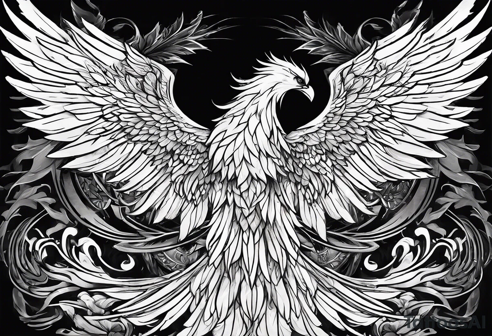 a phoenix rising from the ashes and an angel opening its wings on the background tattoo idea