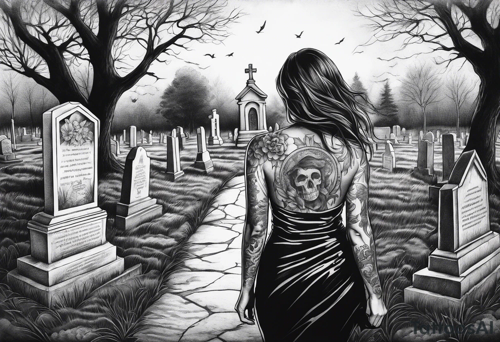 Woman walking out of a graveyard  leaving her old terrifying past behind her tattoo idea