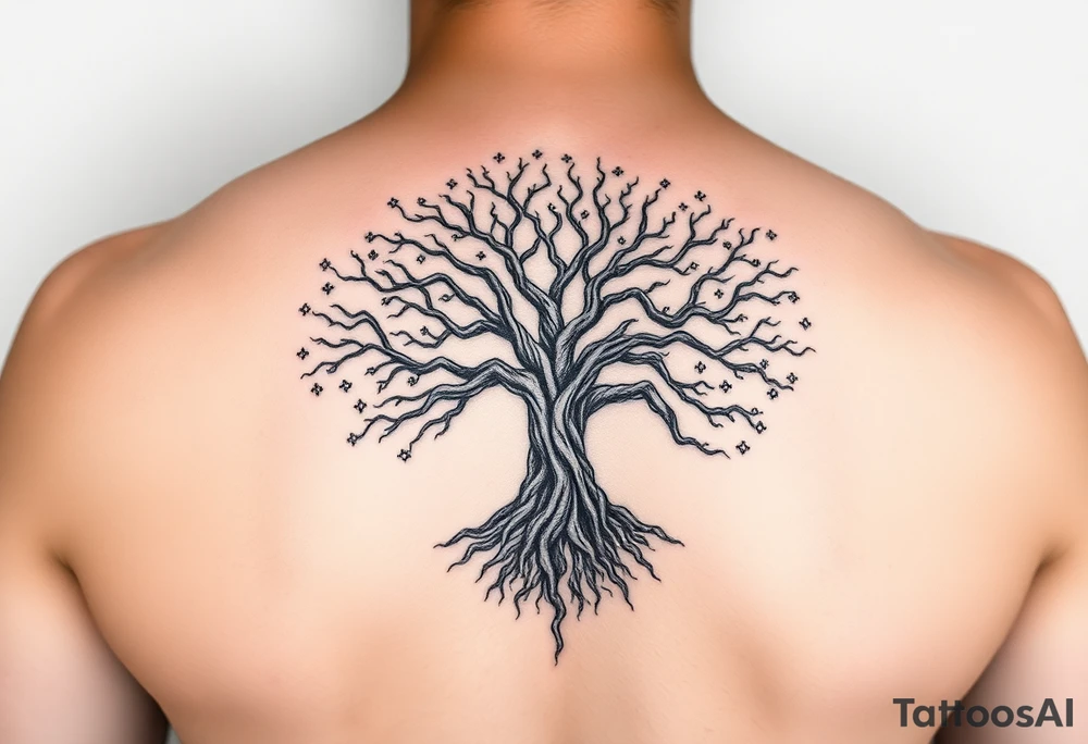 mystical tree of life with cosmic roots and celestial branches tattoo idea