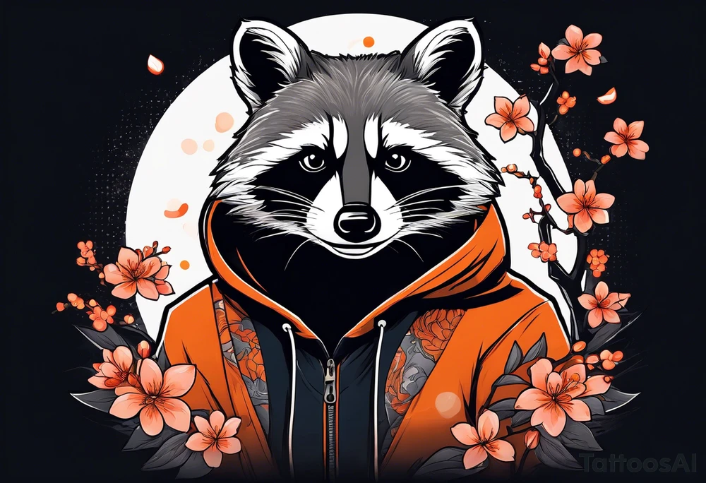 Raccoon wearing a white Superman logo on a black hoodie and orange Japanese cherry blossoms beside tattoo idea