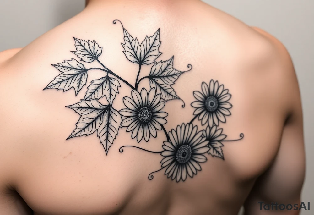 Maple leaves and gerbera daisies connected with thin swirly lines tattoo idea