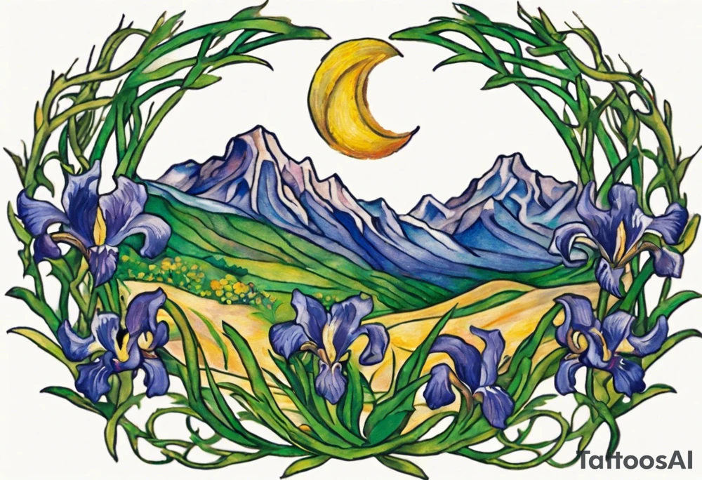 Create a small colorful Vincent van Gogh Irises tattoo in the form of a crescent, with vines or Celtic knots gracefully intertwining at a central point in the middle of the wreath.  In the middle of the wreath are mountains and other items found in New Mexico. Ensure that the design avoids the appearance of a bush and maintains a more structured and deliberate arrangement. The intended placement is on the upper chest. The overall design should be small in size while maintaining a delicate and artistic aesthetic. Pay attention to the graceful flow of the vines and the placement of the irises to achieve a refined and elegant look. tattoo idea