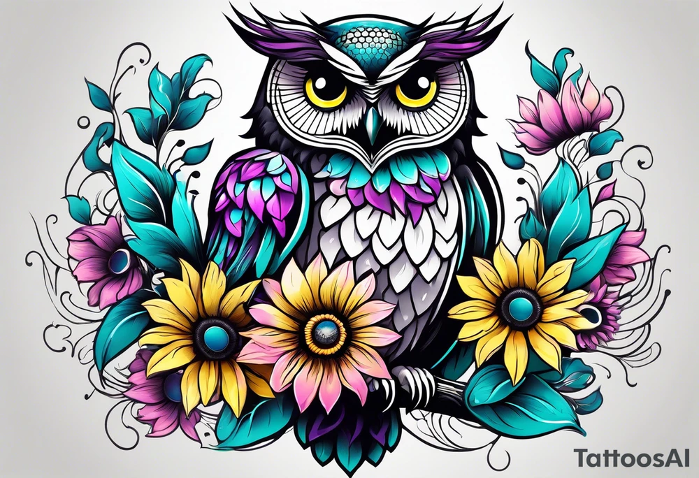 Black and white owl shaded teal, pink and purple surrounded by yellow sunflowers sleeve tattoo idea