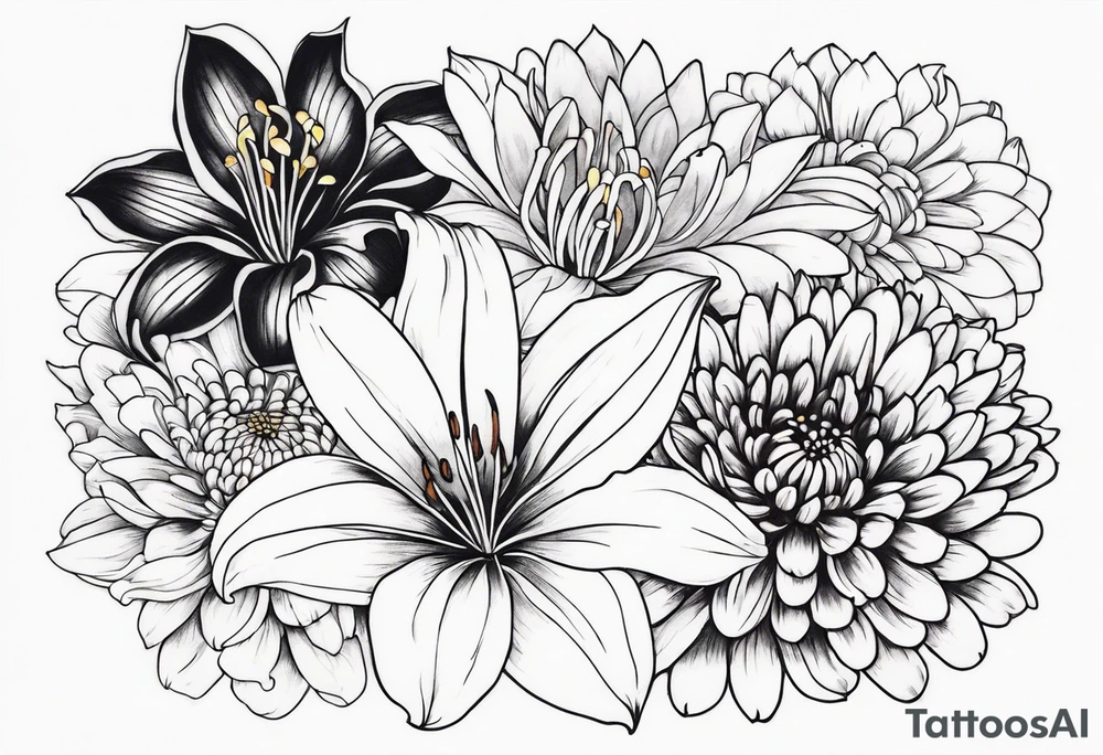Lillies and chrysanthemums tattoo idea