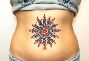 A sunburst pattern radiating from the Flower of Life centered in round cyrcle, embodying energy and vitality tattoo idea