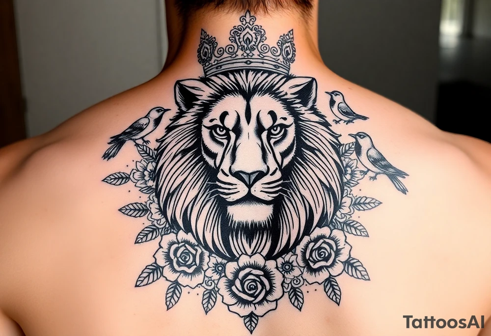 powerful majestic lion with a crown, surrounded by floral ornaments and birds tattoo idea