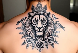 powerful majestic lion with a crown, surrounded by floral ornaments and birds tattoo idea