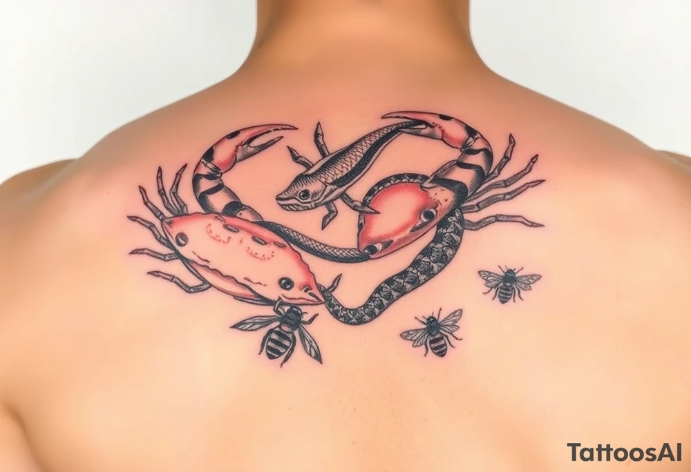 Crabs, fish, snake, bees tattoo idea