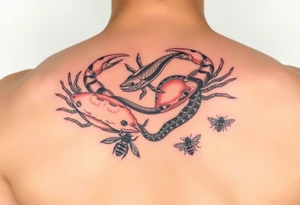 Crabs, fish, snake, bees tattoo idea