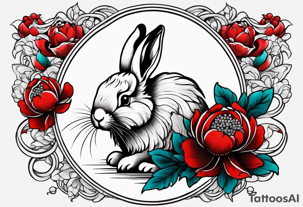 Red peony with pearls and bunny dangling tattoo idea