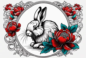 Red peony with pearls and bunny dangling tattoo idea