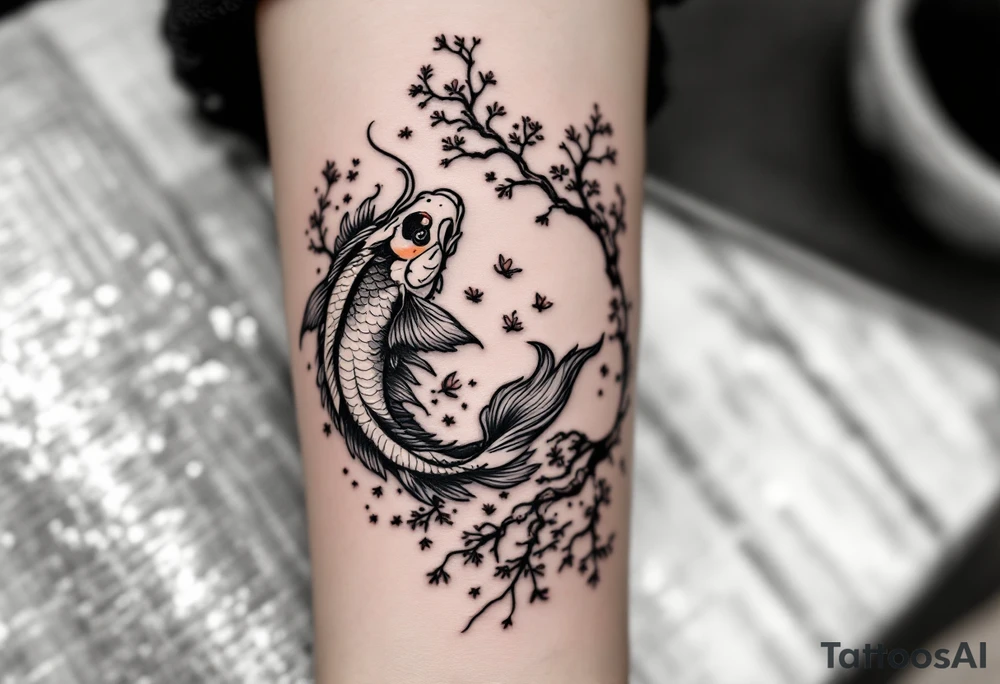 koi fish  with a dragon 
with a sakura tree in the background, Japanese inspired piece tattoo idea