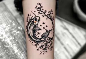 koi fish  with a dragon 
with a sakura tree in the background, Japanese inspired piece tattoo idea