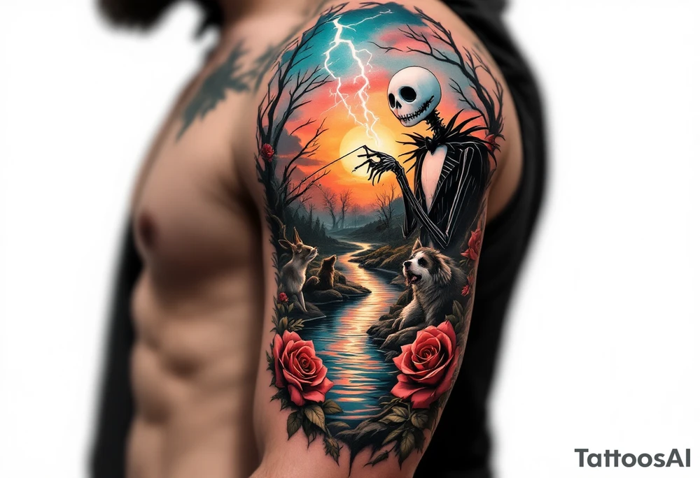 jack skellington fishing at river,smoking, thunder, roses, animals tattoo idea