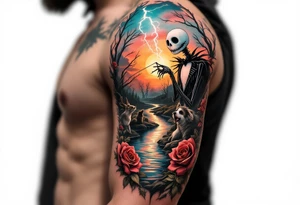 jack skellington fishing at river,smoking, thunder, roses, animals tattoo idea