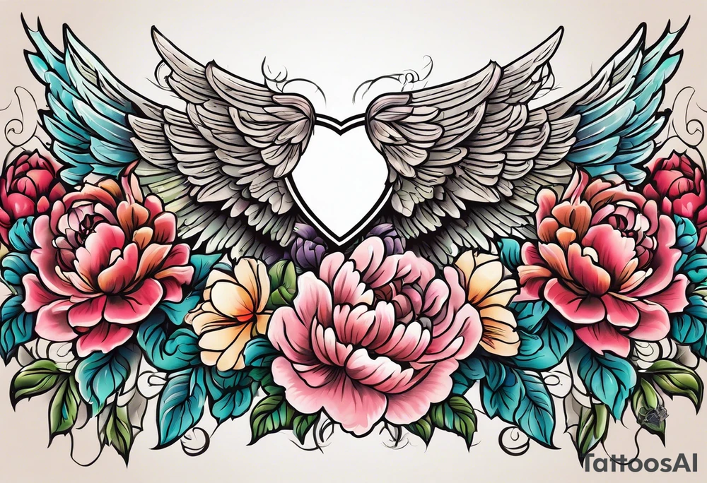 beautiful angel wings with colorful, peonies. beautiful flilligree in the background , full color, traditional old school , white background tattoo idea