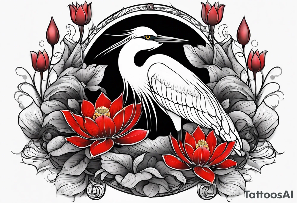 Egret and red lotuses tattoo idea