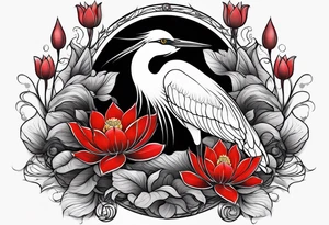 Egret and red lotuses tattoo idea