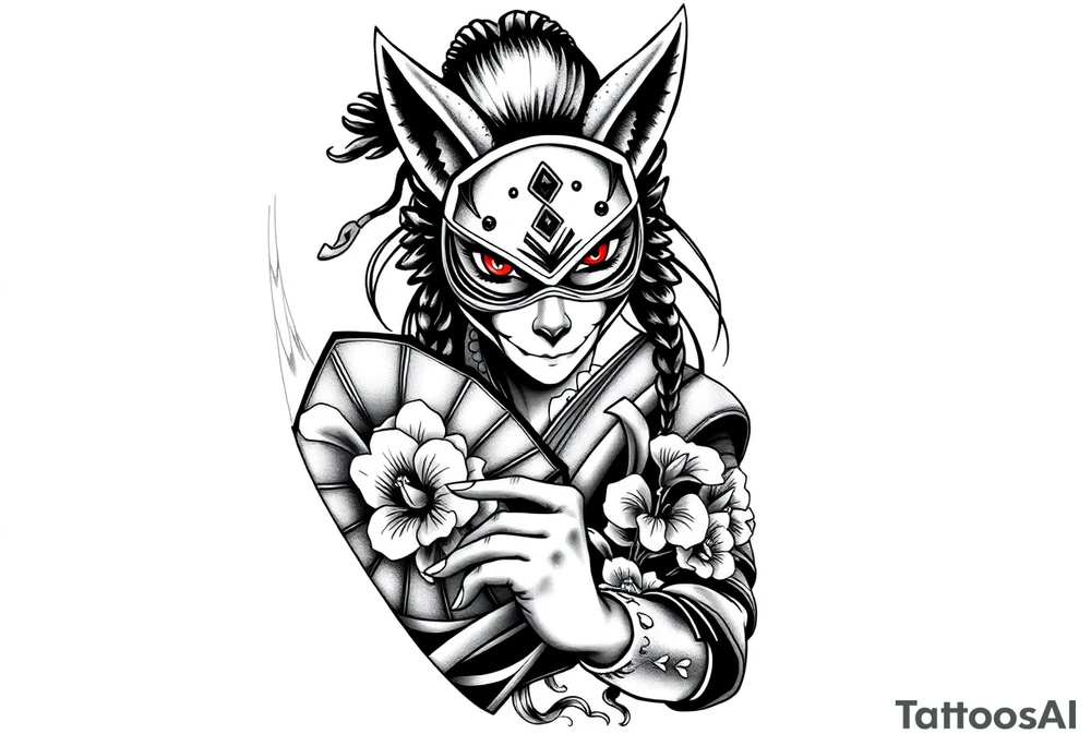 japanese samurai woman with red eyes wearing a kitsune half-mask and holding a fan with irises flowers ornement tattoo idea