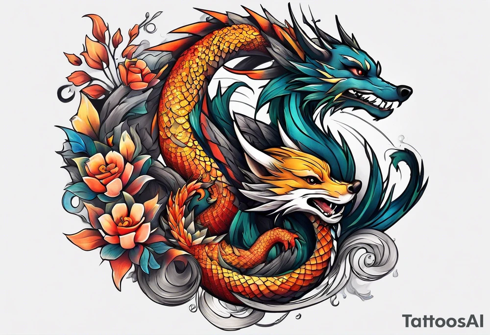 Dragon and raccoon spiral on shoulder tattoo idea