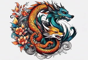 Dragon and raccoon spiral on shoulder tattoo idea