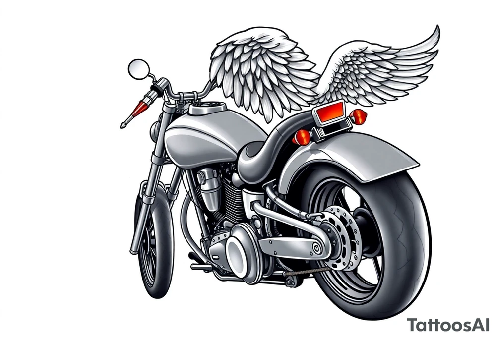 Low rider grey motorcycle, big muffler pipes with flames, angel wings, driving away, no person tattoo idea