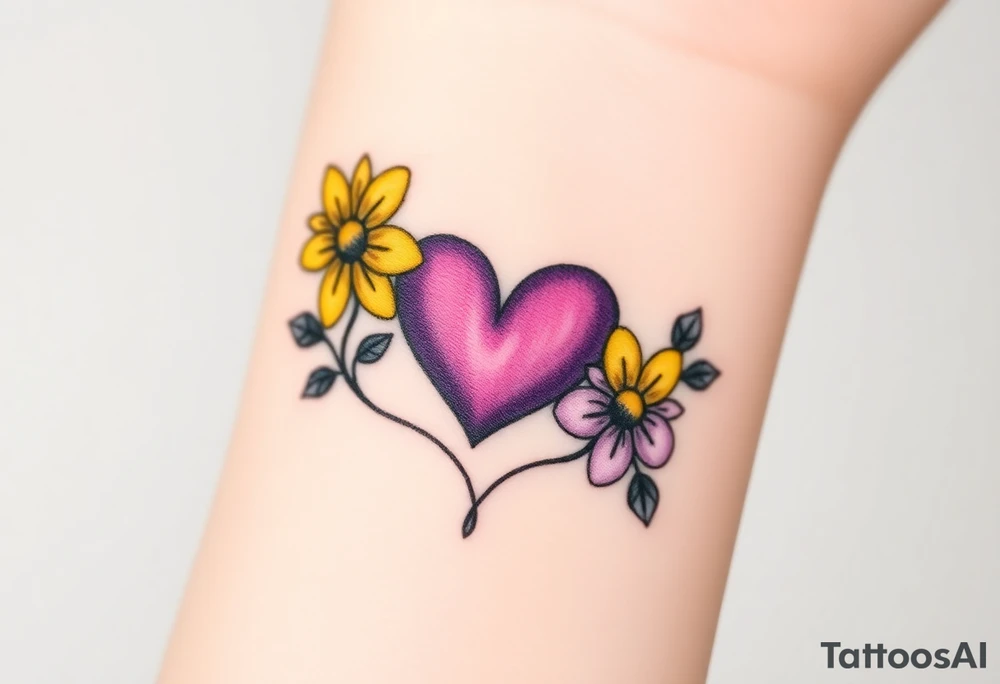 Yellow daisy Purple Hearts in heaven tattoo idea