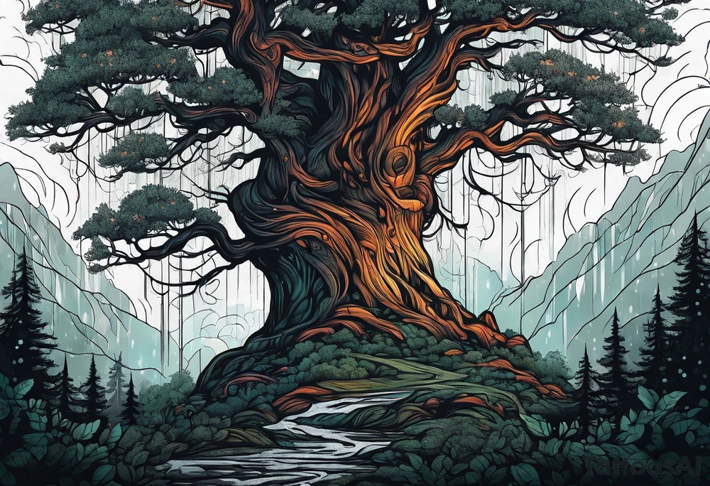 Tree in dark forest in heavy rainfall tattoo idea