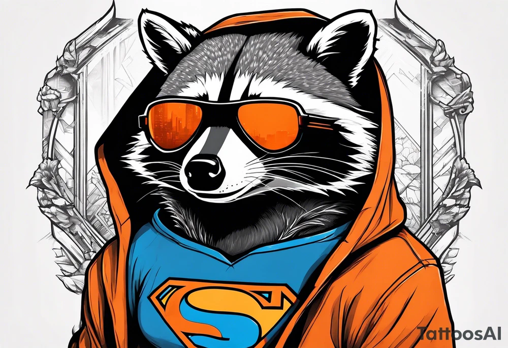 Raccoon wearing an orange Superman hoodie tattoo idea