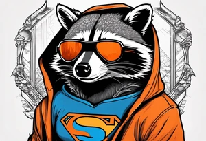 Raccoon wearing an orange Superman hoodie tattoo idea