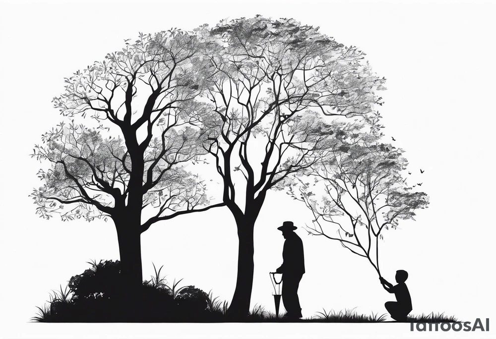 Old man planting a tree, than a young boy playing under a full grown tree. tattoo idea