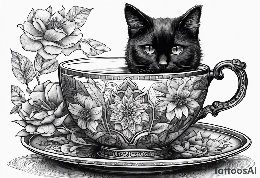 Black cat taking some tea in a wonderful cup tattoo idea