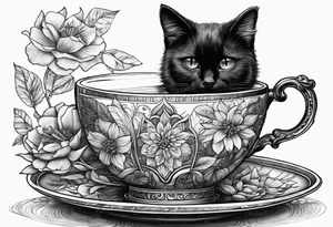 Black cat taking some tea in a wonderful cup tattoo idea