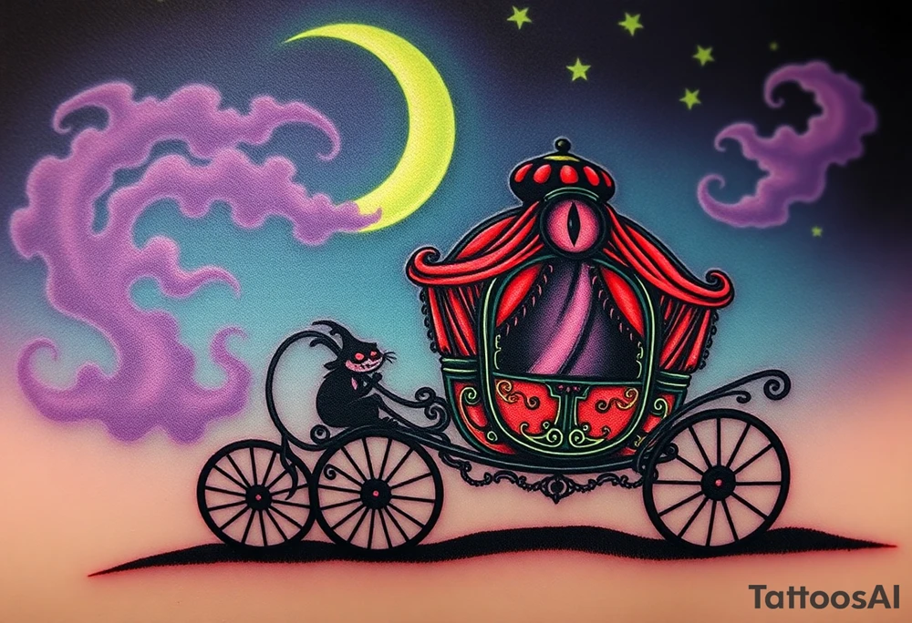 Tim Burton’s haunted victorian carrage is riding in the night and dripping with muted reds, dusty pinks, and eerie green glow.purple and cyan smokey clouds swirl in the crescent moonlit sky thats sprinkled with stars tattoo idea tattoo idea