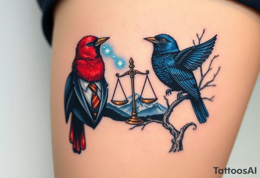 2 birds as the focus, 1 red bird in a suit, 1 navy blue bird with glasses, scales of justice in a tree, starry night painting and mountain background tattoo idea