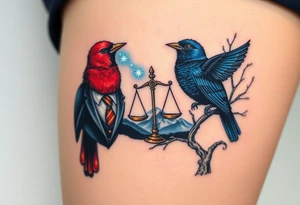 2 birds as the focus, 1 red bird in a suit, 1 navy blue bird with glasses, scales of justice in a tree, starry night painting and mountain background tattoo idea