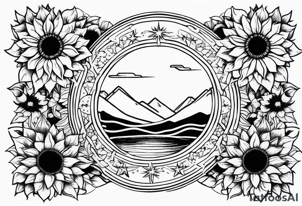 Band sun tattoo with sunflowers and stars tattoo idea
