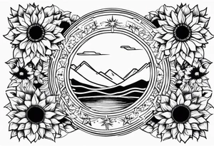 Band sun tattoo with sunflowers and stars tattoo idea