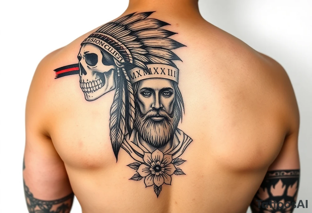 Arm sleeve tattoo. Starting at the shoulder black Indian headdress skull face with red strip war paint on left side of skull, Jesus Christ on forearm, floral background, MMXII and MMXIV on each side of Jesus. tattoo idea