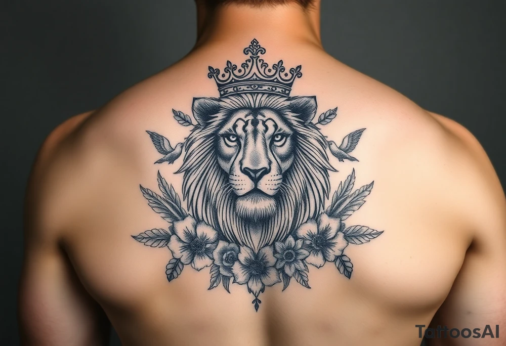 powerful majestic lion with a crown, surrounded by floral ornaments and birds tattoo idea