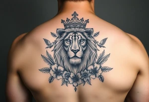 powerful majestic lion with a crown, surrounded by floral ornaments and birds tattoo idea