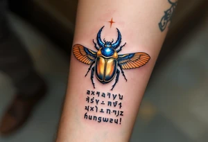A golden scarab beetle with sapphire wings and black hieroglyphic inscriptions beneath. tattoo idea