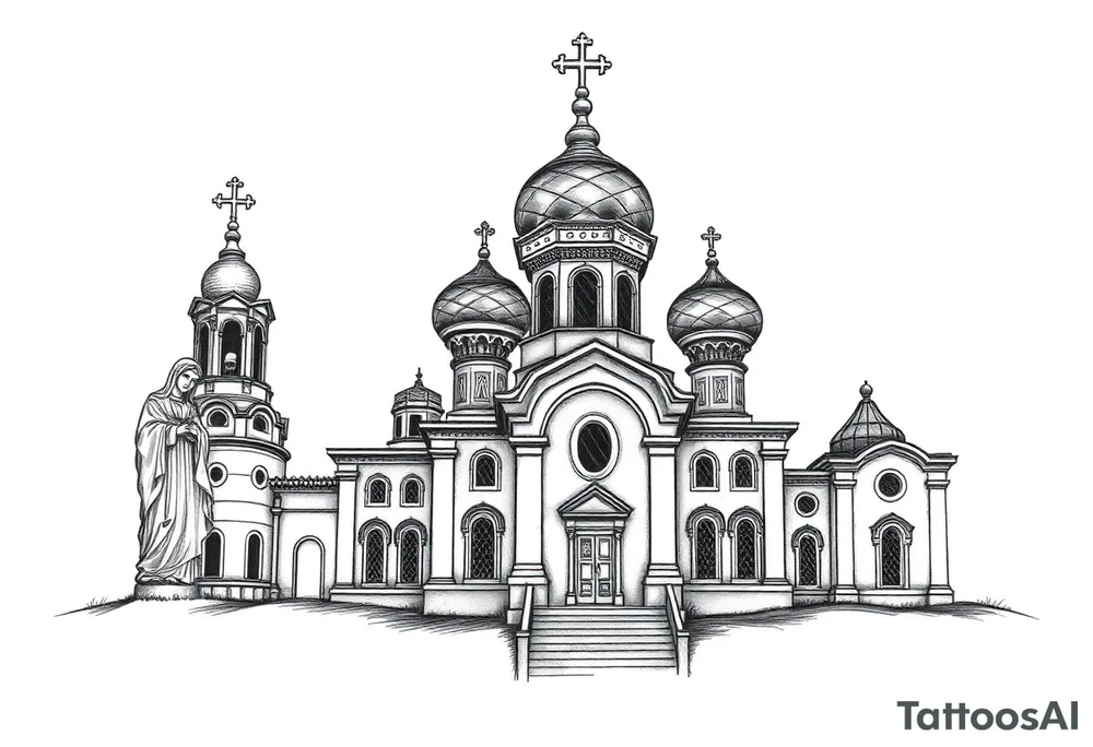 Russian orthodox church with bulb domes with a prominent russian orthodox style virgin mary stood outside to the left russian themed tattoo idea