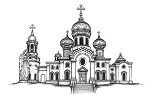 Russian orthodox church with bulb domes with a prominent russian orthodox style virgin mary stood outside to the left russian themed tattoo idea