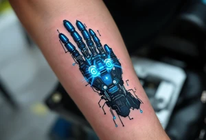 A futuristic robotic glove illusion in matte black and cobalt blue, with neon green circuit tracings. tattoo idea