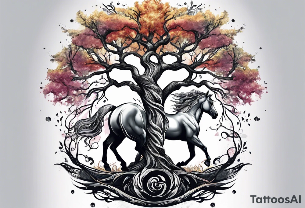 Realistic Horse and Yggdrasil tree tattoo idea