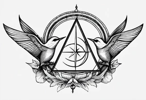 Two triangles with one unclosed, crescent moon, compass, swallows tattoo idea