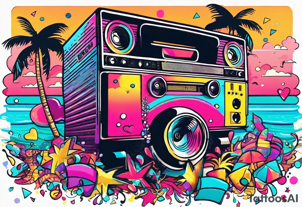 1980's style dance party with boom box and confetti in a beach theme. include people in 80's miami beach clothes, music note. tattoo idea